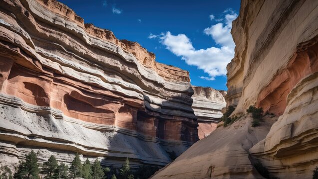 Colorful rock formations and layered canyon walls under blue sky with scattered clouds in a natural landscape setting.