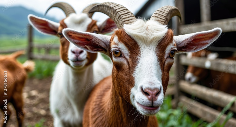 Poster close-up portrait of two goats with distinctive horns in a farm setting with blurred background gree