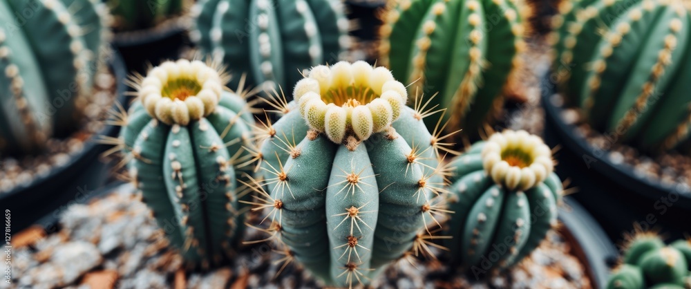 Poster close-up of colorful cacti with spines in pots arranged in a garden setting with stones as backgroun