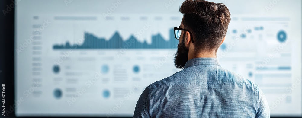 Poster a man analyzes data displayed on a screen, showcasing graphs and statistics in a modern, tech-focuse