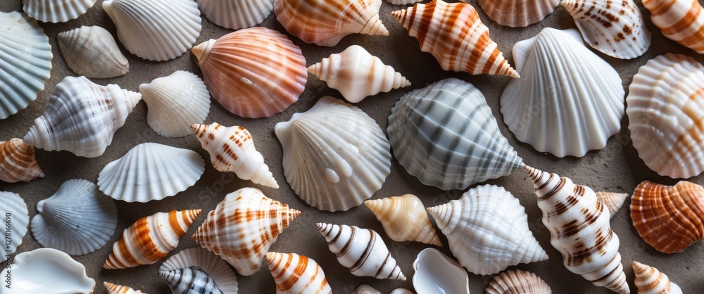 Aufkleber collection of various seashells arranged on a flat surface showcasing different shapes and colors in