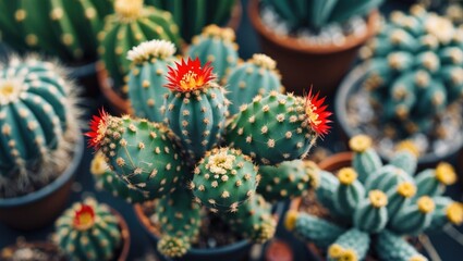 Close-up view of various colorful cacti with red and yellow flowers in plant pots arranged on a dark surface