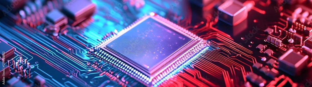 Leinwandbilder Closeup macro view of a complex computer circuit board filled with microchips processors and other electronic components
