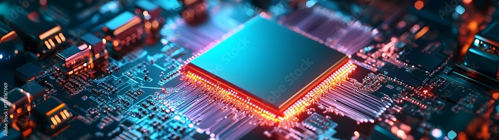 Poster closeup macro view of a complex electronic circuit board with integrated microchips resistors capaci