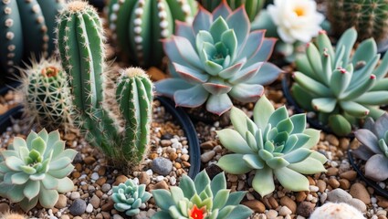 Fototapeta premium Variety of succulents and cacti in pots with gravel soil displaying different shapes and colors in a garden setting