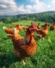 Fototapeta premium Captivating close up of a free range hen amidst a lush green pasture with a backdrop of rolling hills and a clear blue sky