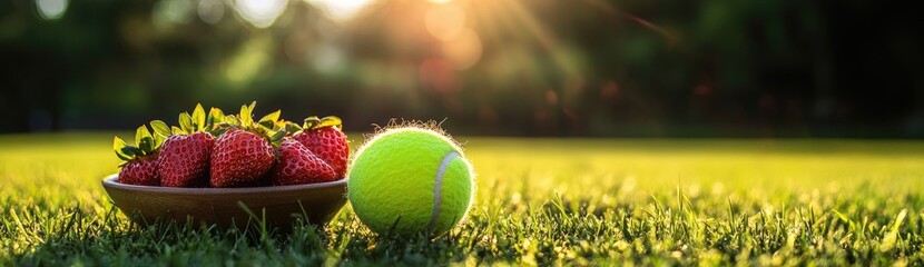 Strawberries in bowl next to tennis ball, lush grass court, summer sports theme 8K , high-resolution,