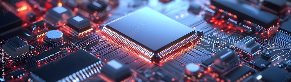 Aufkleber Closeup macro view of a complex electronic circuit board with various technological components such as microchips transistors capacitors and red and blue lights