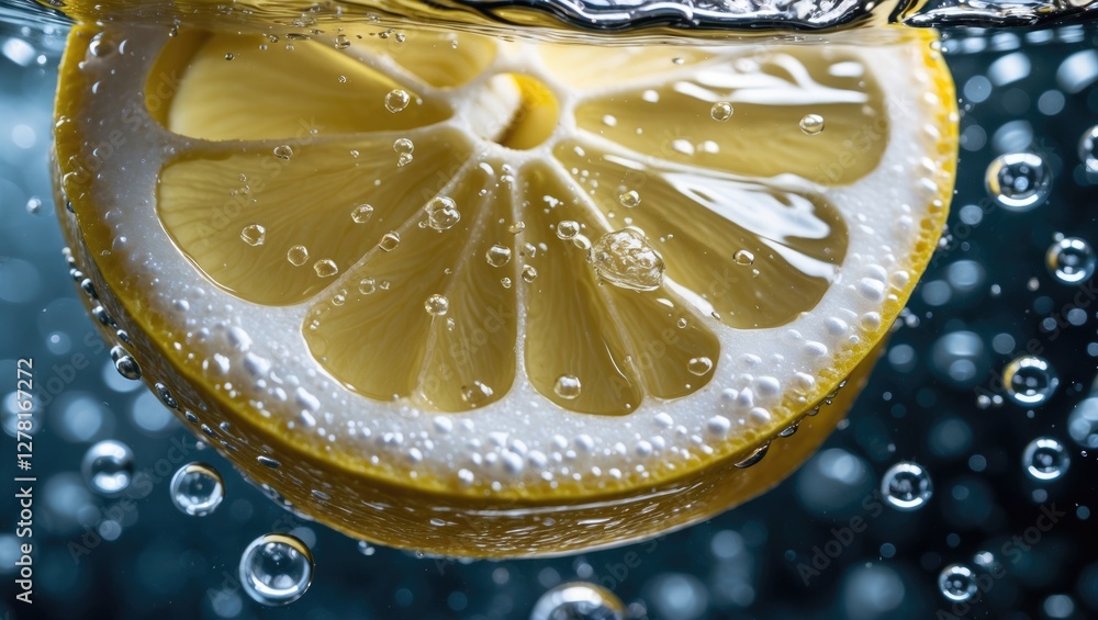Poster lemon slice submerged in sparkling water with bubbles rising creating a refreshing and appetizing vi