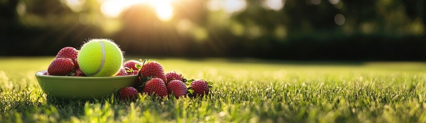 Strawberries in bowl next to tennis ball, lush grass court, summer sports theme 8K , high-resolution,