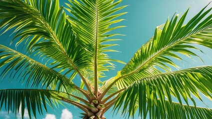 Fototapeta premium Green palm tree leaves against a bright blue sky creating a tropical atmosphere with natural lighting and vivid colors.