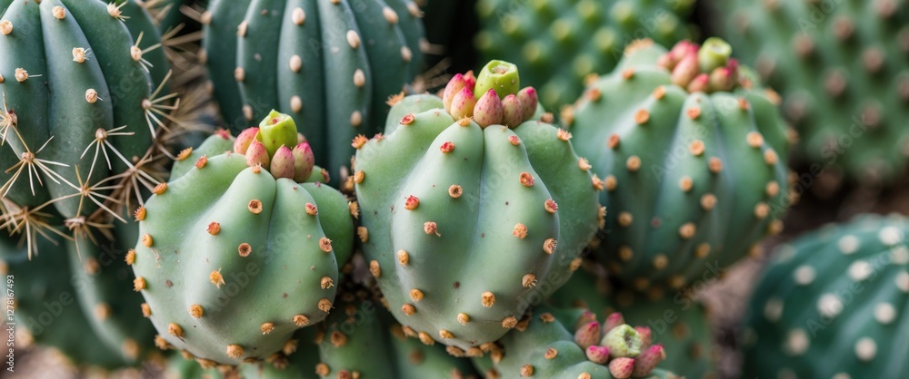 Poster close-up of multiple green cacti with unique shapes and flower buds in a desert environment. natural