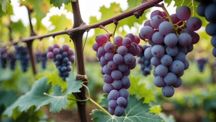 Fototapeta premium Clusters of ripe purple grapes on vine surrounded by green leaves in vineyard during harvest season.