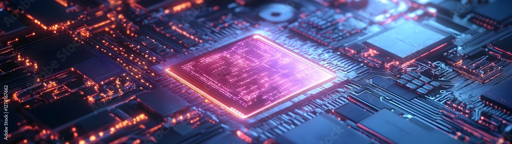 Aufkleber Closeup of a luminous neon colored digital microchip on a futuristic high tech circuit board symbolizing innovation technology and the power of intelligence and advanced electronics