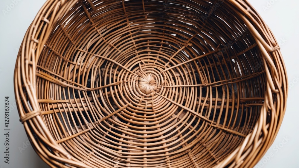 Poster woven wicker basket empty from top view with intricate design and natural wood tones on a light back