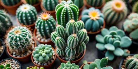 Fototapeta premium Variety of cacti and succulents in pots displayed in a greenhouse with bright natural lighting and textured background