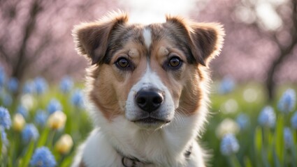 Dog portrait in a floral field with blue and yellow flowers and soft-focus trees in the background during daylight.