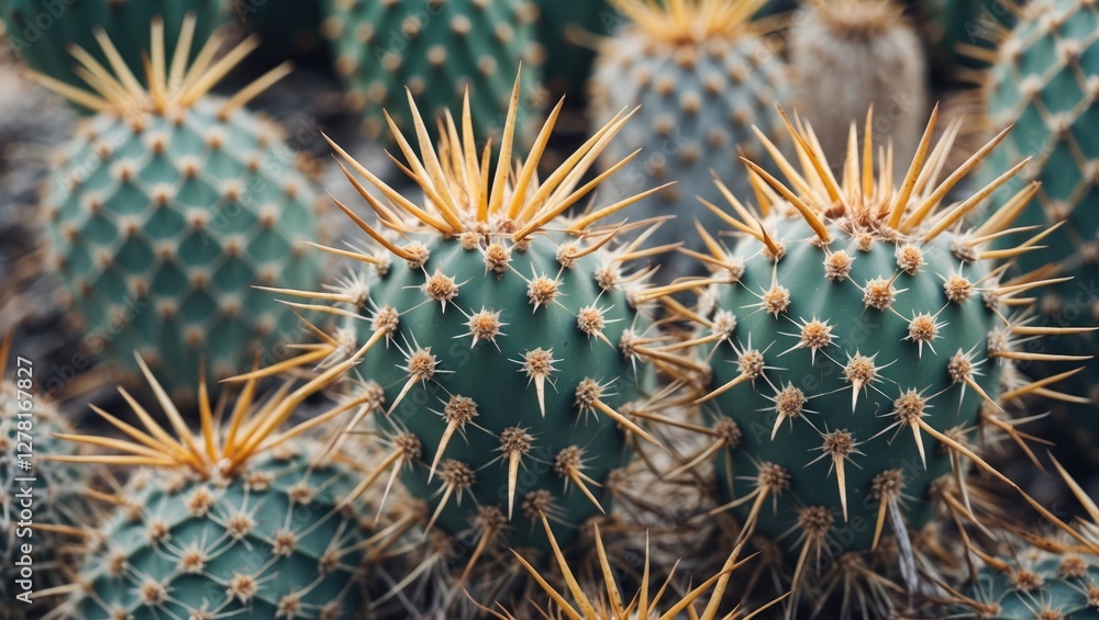 Poster close-up of multiple cacti with sharp yellow spines and green textured skin in a natural desert envi