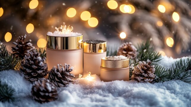 45.A set of cosmetic products with sleek packaging placed on a snowy surface, accented by pinecones and softly glowing string lights in the background.