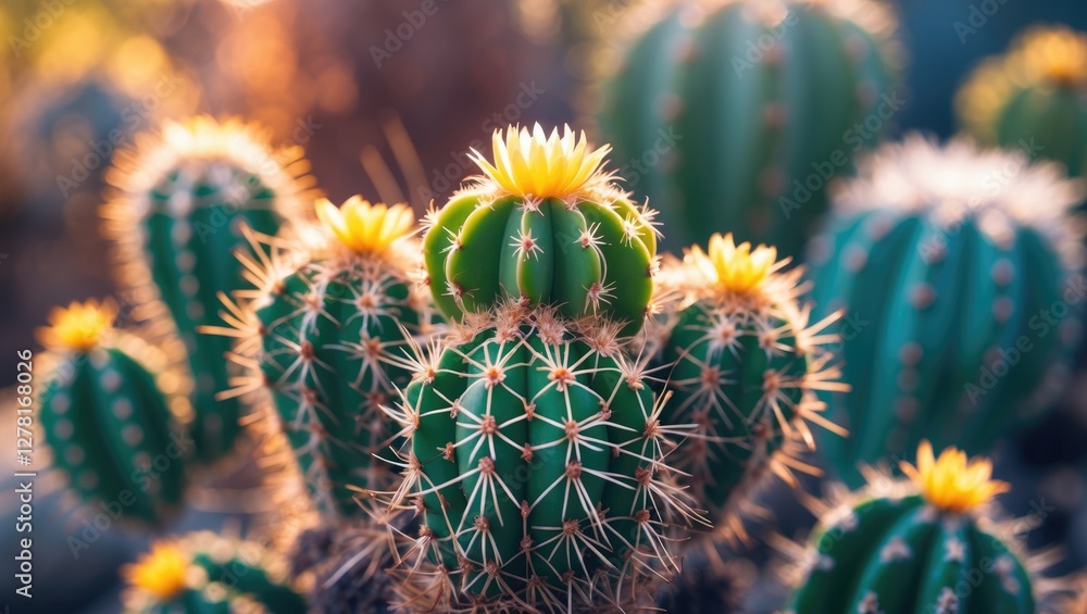 Aufkleber cacti with yellow flowers in a desert setting during golden hour with soft focus on multiple plants 