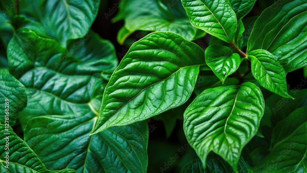 Poster detailed close-up of vibrant green leaves with intricate textures and patterns on a dark background