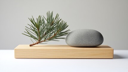 22.A simple yet stylish wooden display base with a single pine tree sprig and a polished gray stone, arranged symmetrically on a clean white surface.