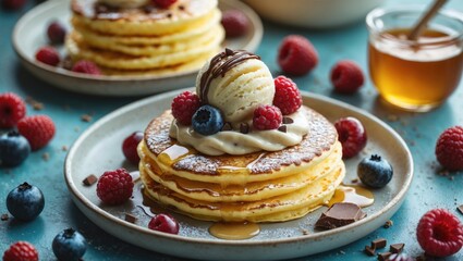 Stack of fluffy pancakes topped with ice cream, raspberries, blueberries, chocolate pieces, and syrup on a plate against a vibrant background.