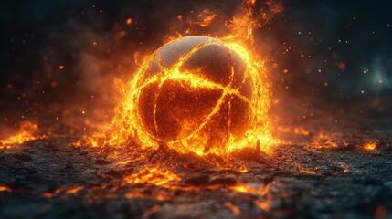 Fiery basketball made of molten lava rises, sports concept symbolizes power and energy, dynamic and dramatic, ideal for athletic, competition and game promotions.