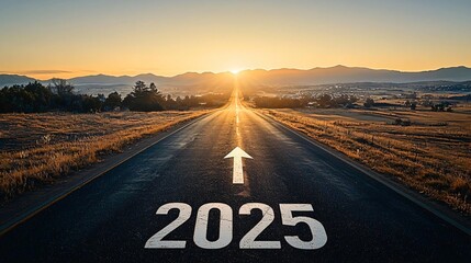 Road to 2025: Panoramic sunset landscape with '2025' painted on asphalt. Ideal for new year, future planning, business forecasts, and goal-oriented designs. Copy space available.
