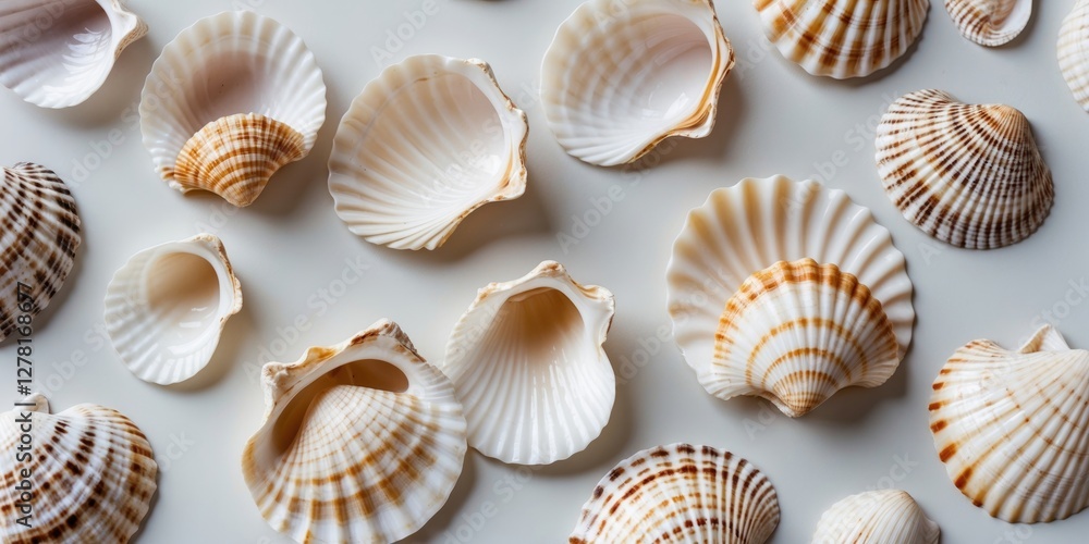 Poster variety of seashells displayed on a light background showcasing intricate patterns and textures of n