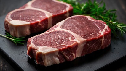 Fototapeta premium raw beef steaks with marbled texture on a dark cutting board surrounded by fresh rosemary herbs
