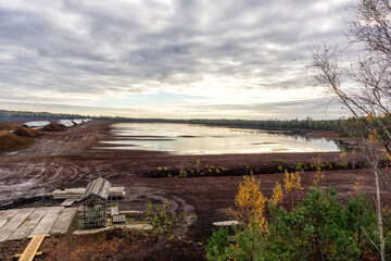 
aerial view of a marshland with a small lake, dark marshland, a row of trees in the background and...