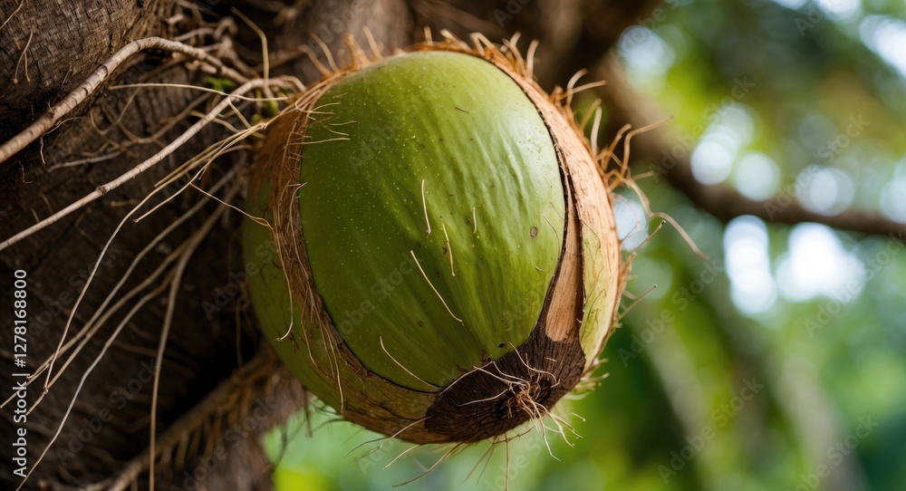 Poster green coconut hanging on tree trunk with visible fibers and natural background in soft focus.