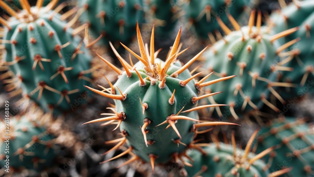 Poster close-up view of green cactus with sharp spines in natural setting showing texture and detail of des