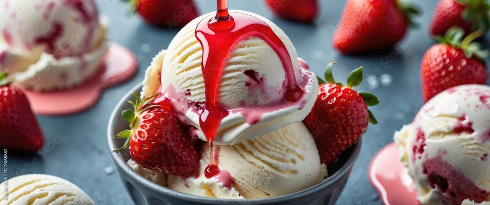 Poster strawberry ice cream scoops in a bowl with fresh strawberries and raspberry sauce on a textured surf