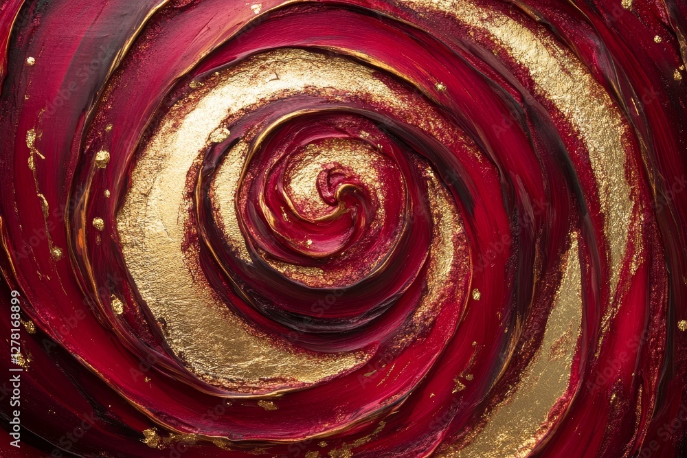 Poster a close-up shot of a stunning abstract spiral with red and gold colors. the vibrant hues and texture