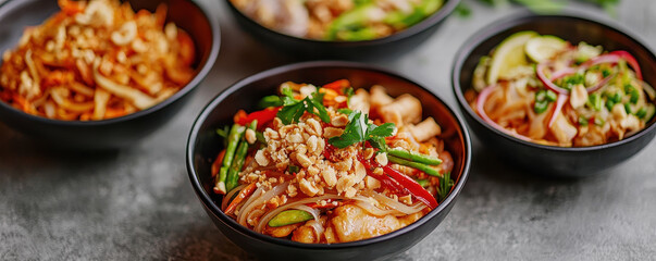 variety of Thai dishes in black bowls with vibrant ingredients