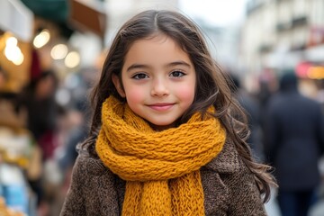Young girl smiling warmly in a bustling street market during chilly autumn afternoon