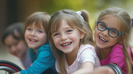 Joyful Diverse Children Including Wheelchair User Sharing Happy Moment Outdoors
