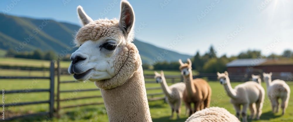 Poster close-up of an alpaca in a farm setting with a herd in the background and mountains under a clear sk