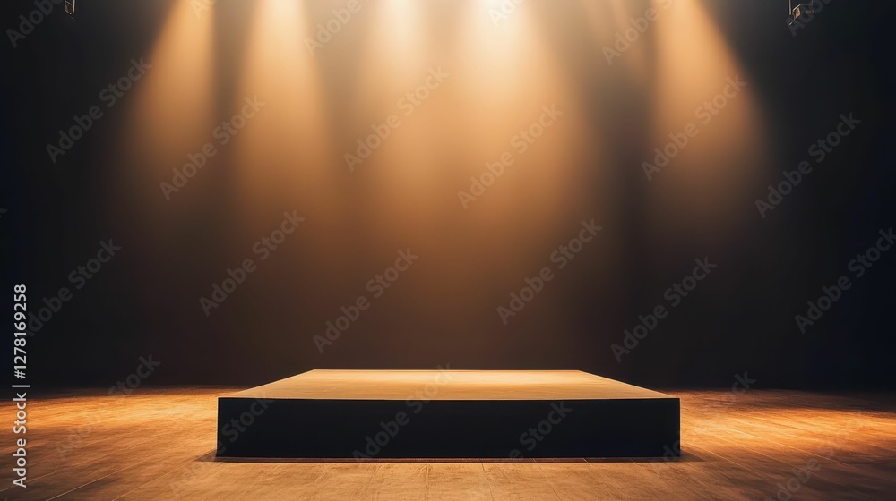 Poster empty stage with soft spotlight in a dimly lit performance space
