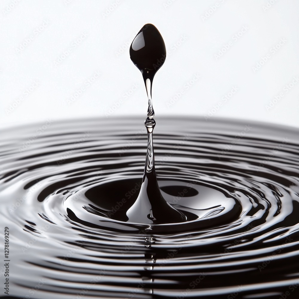 Poster captivating high angle shot of a dark liquid drop creating intricate ripples on a white background i
