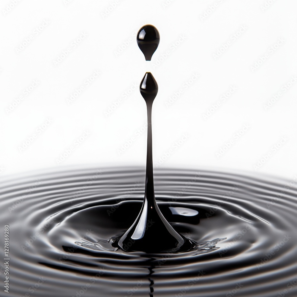 Poster captivating black liquid drop collision creating concentric circles on a serene white background mac