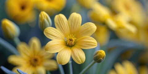 Obraz premium Yellow wildflowers with soft petals and green foliage in a natural setting, focusing on a single bloom and surrounding buds.