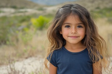 Young girl with long hair smiles in a natural landscape during daytime