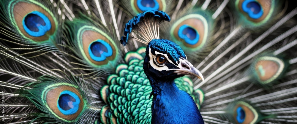Poster close-up portrait of a peacock displaying vibrant plumage with intricate feather patterns in shades 
