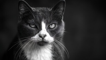 Black and white cat portrait, outdoor, dark background, serious expression