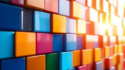 Fototapeta premium Colorful Glossy Cubes Wall in Sunlight