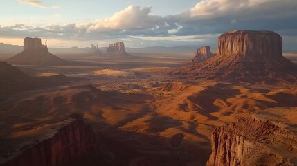 Naklejka premium Vast desert landscape, dramatic rock formations under a vibrant sky at sunset, ideal for nature themes and travel inspiration.