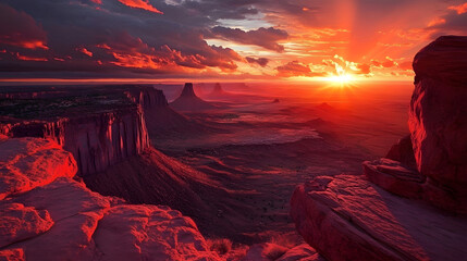 Vibrant sunset over rocky cliffs, dramatic clouds in warm hues, serene landscape perfect for relaxation or inspiration.